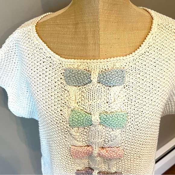 VTG Coquette Bow Pastel Sweater Ivory Sz M Chunky Textured Knobby Knit - Picture 3 of 11